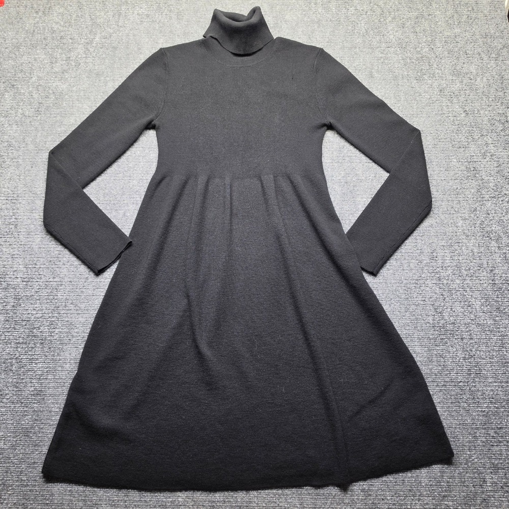 DKNY Merino Wool Turtleneck Sweater Dress Black A-Line Long Sleeve Womens Medium
